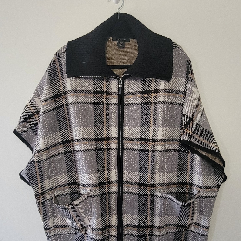 Tahari Black and Gray Plaid Poncho